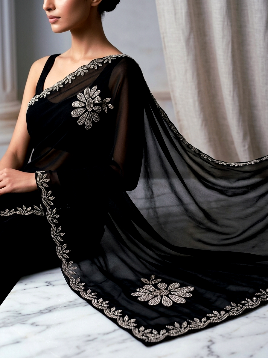 Saytha Bedazzling Black Chiffon Saree