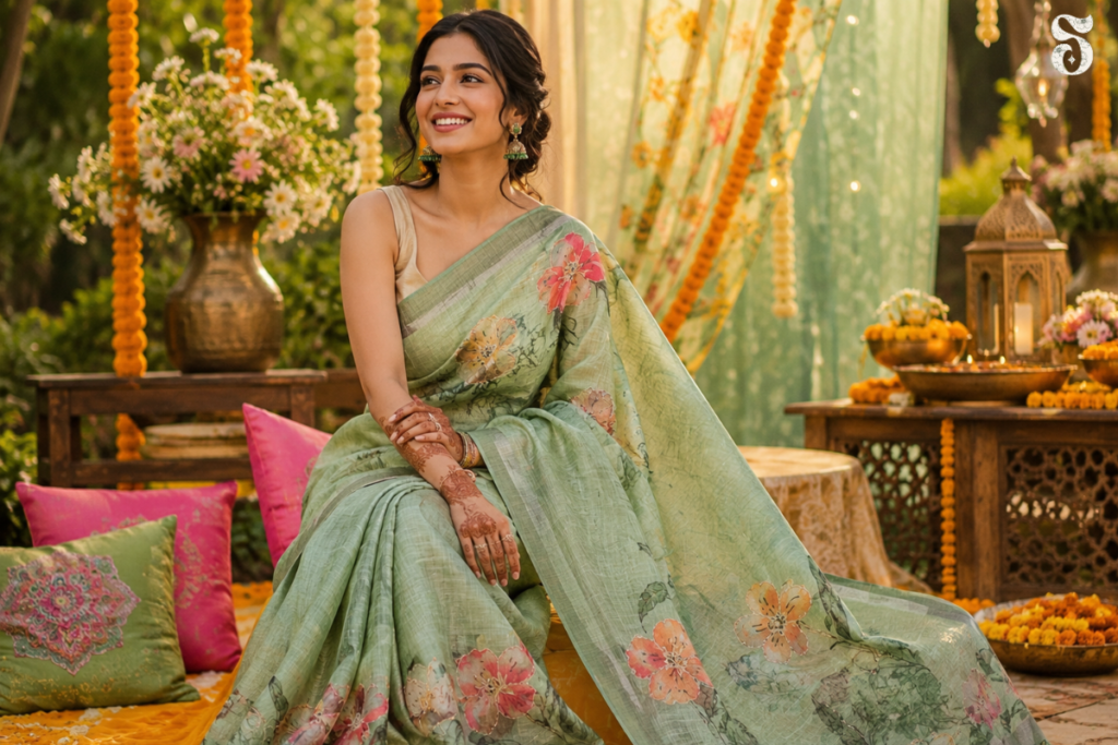wedding guest saree for mehendi function