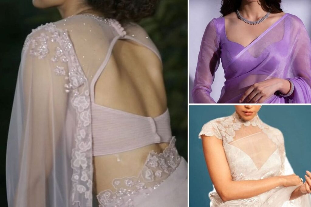 blouse for organza saree fabric high neck design