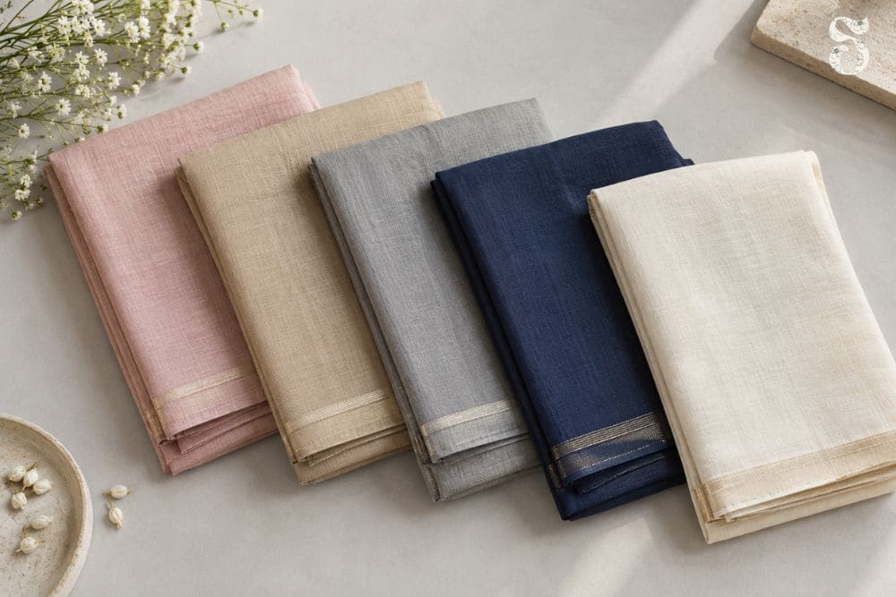 Pastel, beige, grey and navy blue sarees in colours suited to office wear