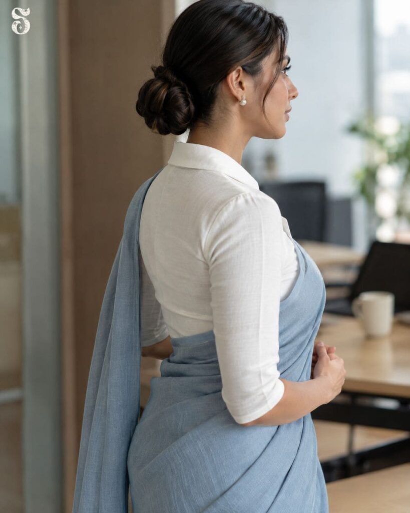 Collar neck blouse paired with a plain saree for a professional office look