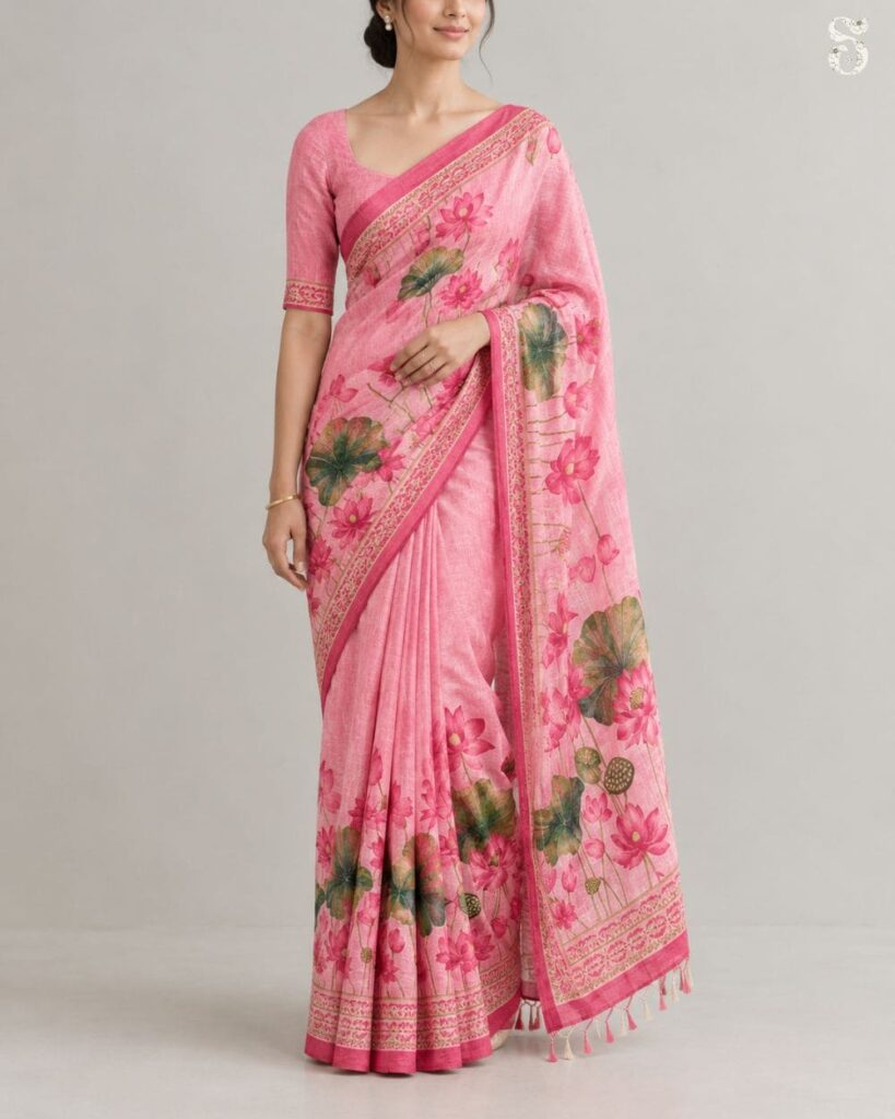 Neatly pleated and pinned saree drape suitable for office wear