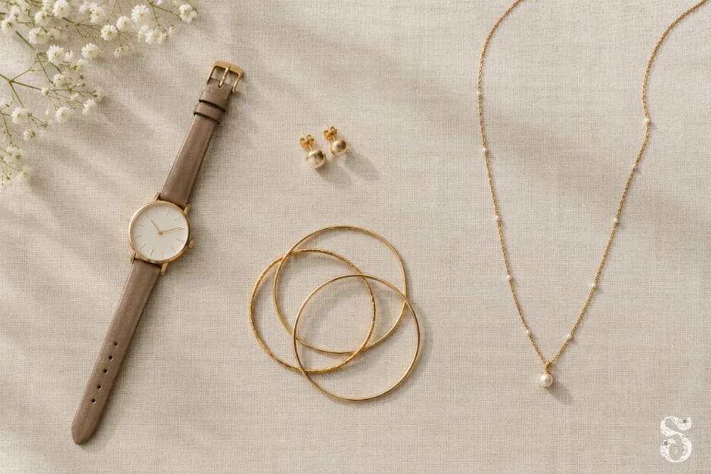 Small earrings, simple watch and thin bangles to wear with an office saree
