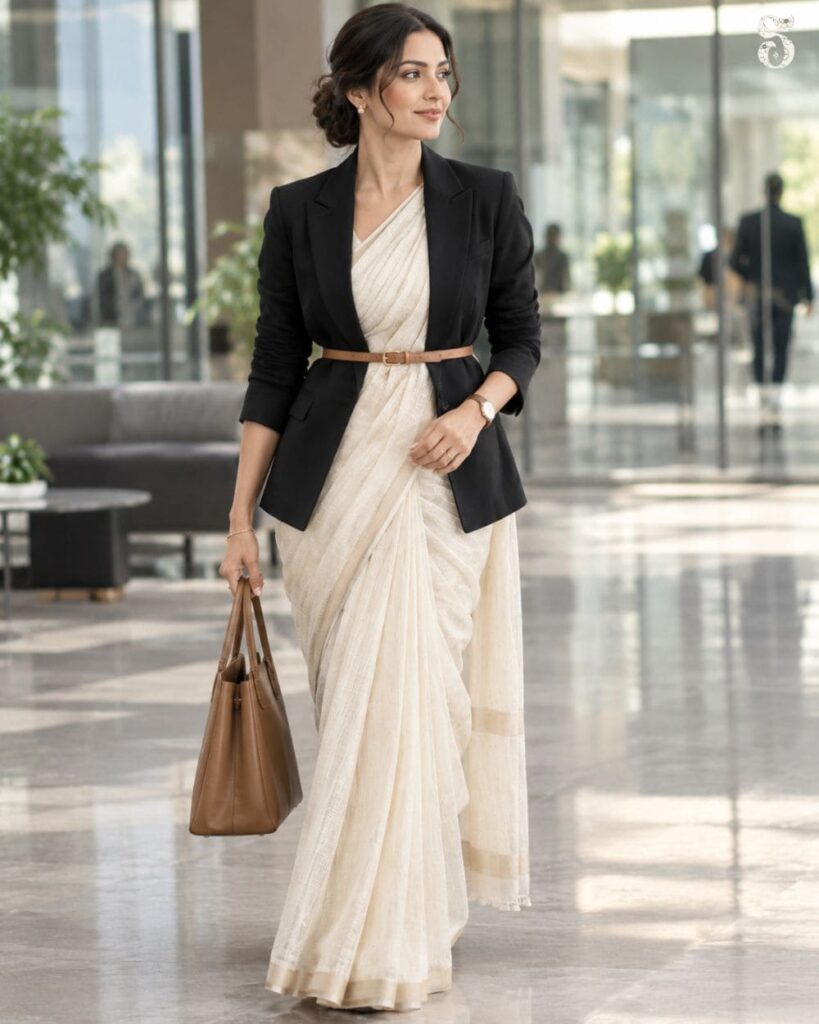 Woman wearing a saree with a blazer and belt for a modern Indo-western office look