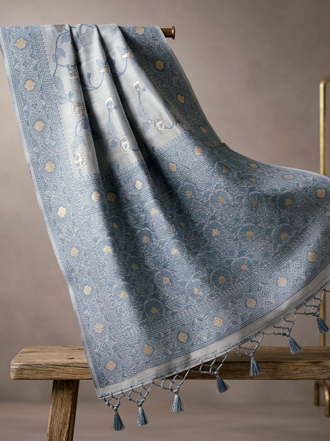 Saytha Elegant Powder Floral Linen Saree with Woven Border - Image 5