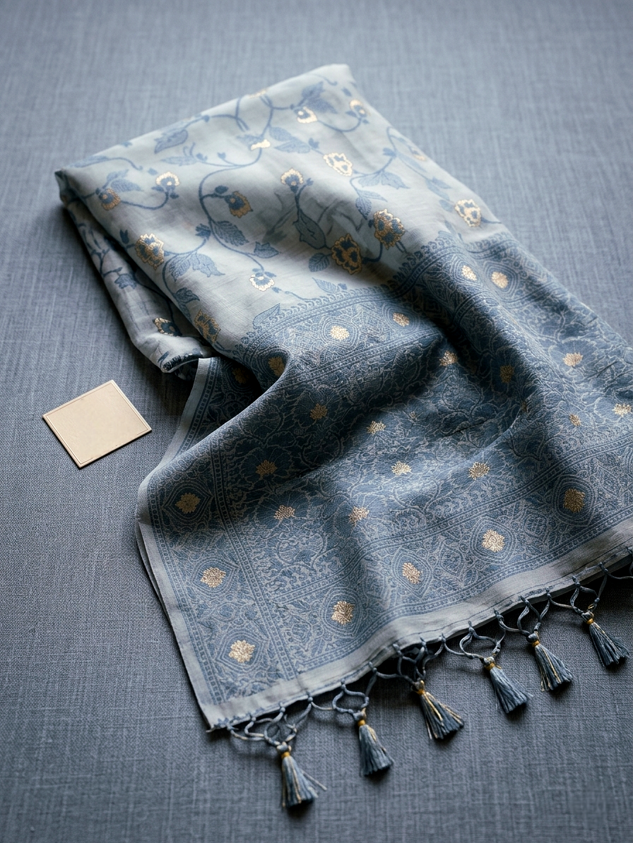 Saytha Elegant Powder Floral Linen Saree with Woven Border - Image 4