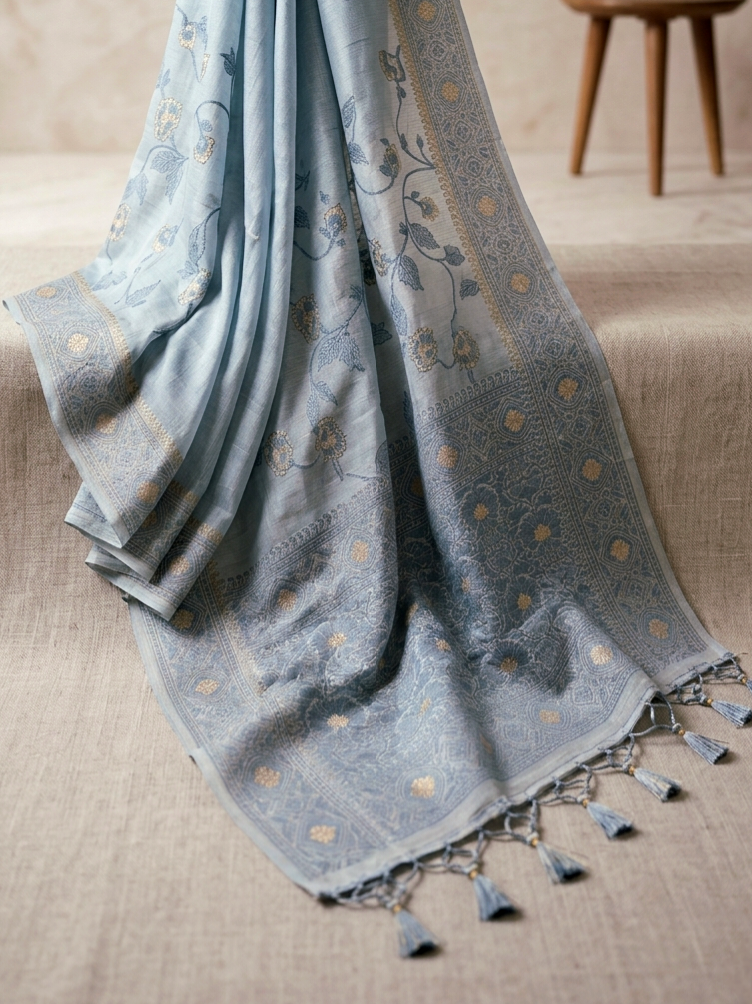Saytha Elegant Powder Floral Linen Saree with Woven Border - Image 3