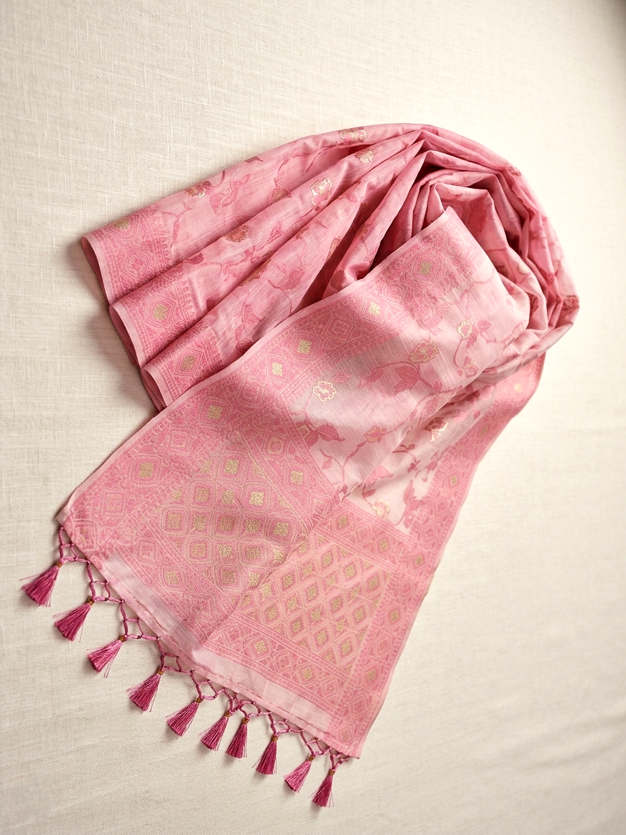 Saytha Elegant Powder Floral Linen Saree with Woven Border - Image 6