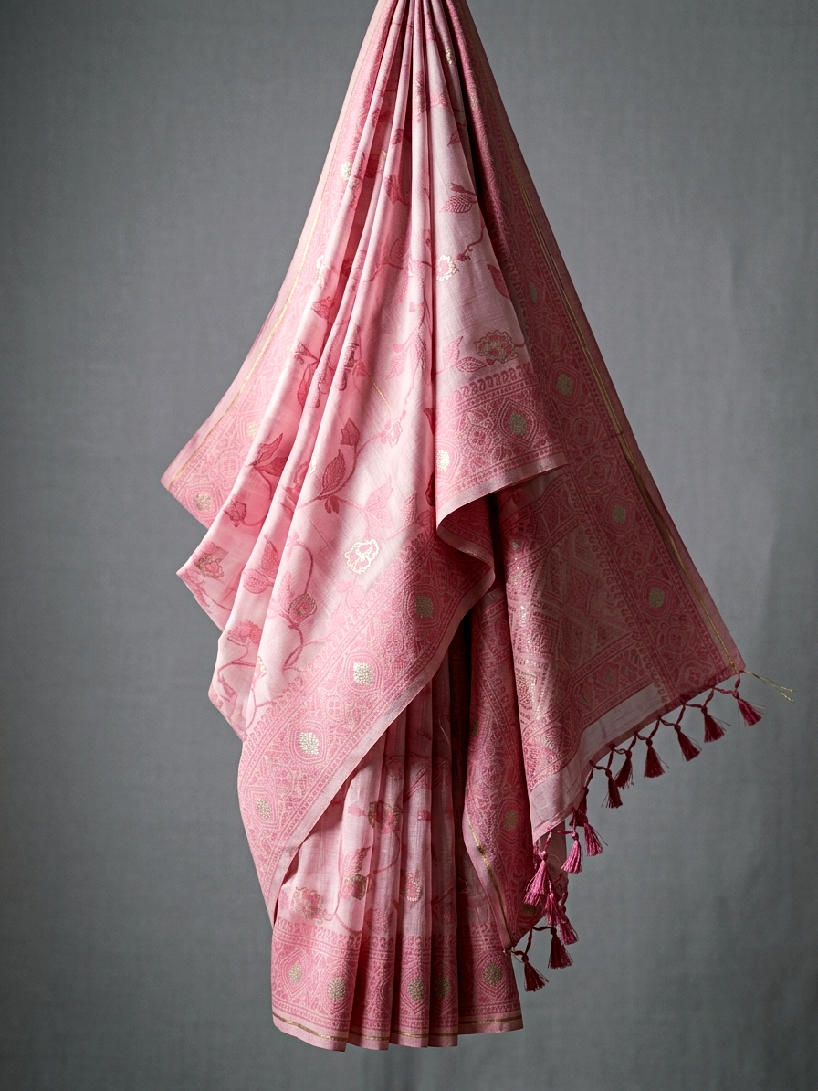 Saytha Elegant Powder Floral Linen Saree with Woven Border - Image 7