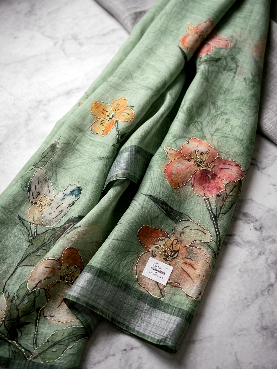 Saytha Green Cotton Thread Embroidery Saree - Image 4