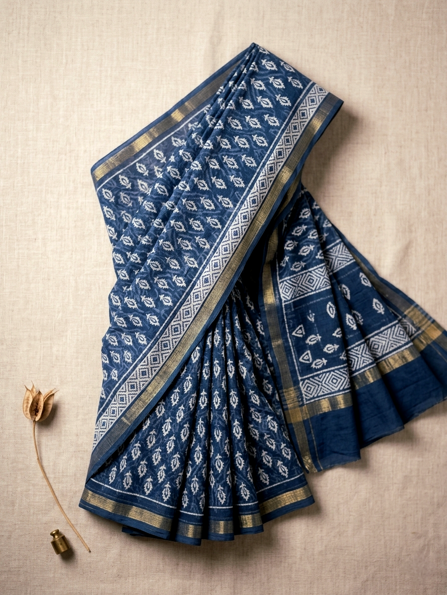 Saytha Elegant Indigo Blue Printed Cotton Saree - Image 3