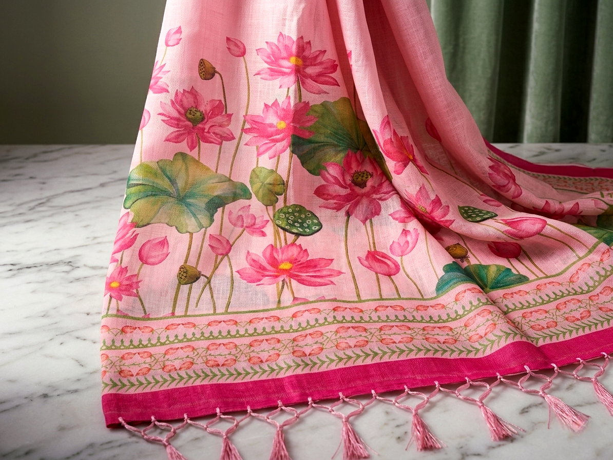 Saytha Soft Pink Lotus Print Linen Saree with Tassel Border - Image 2