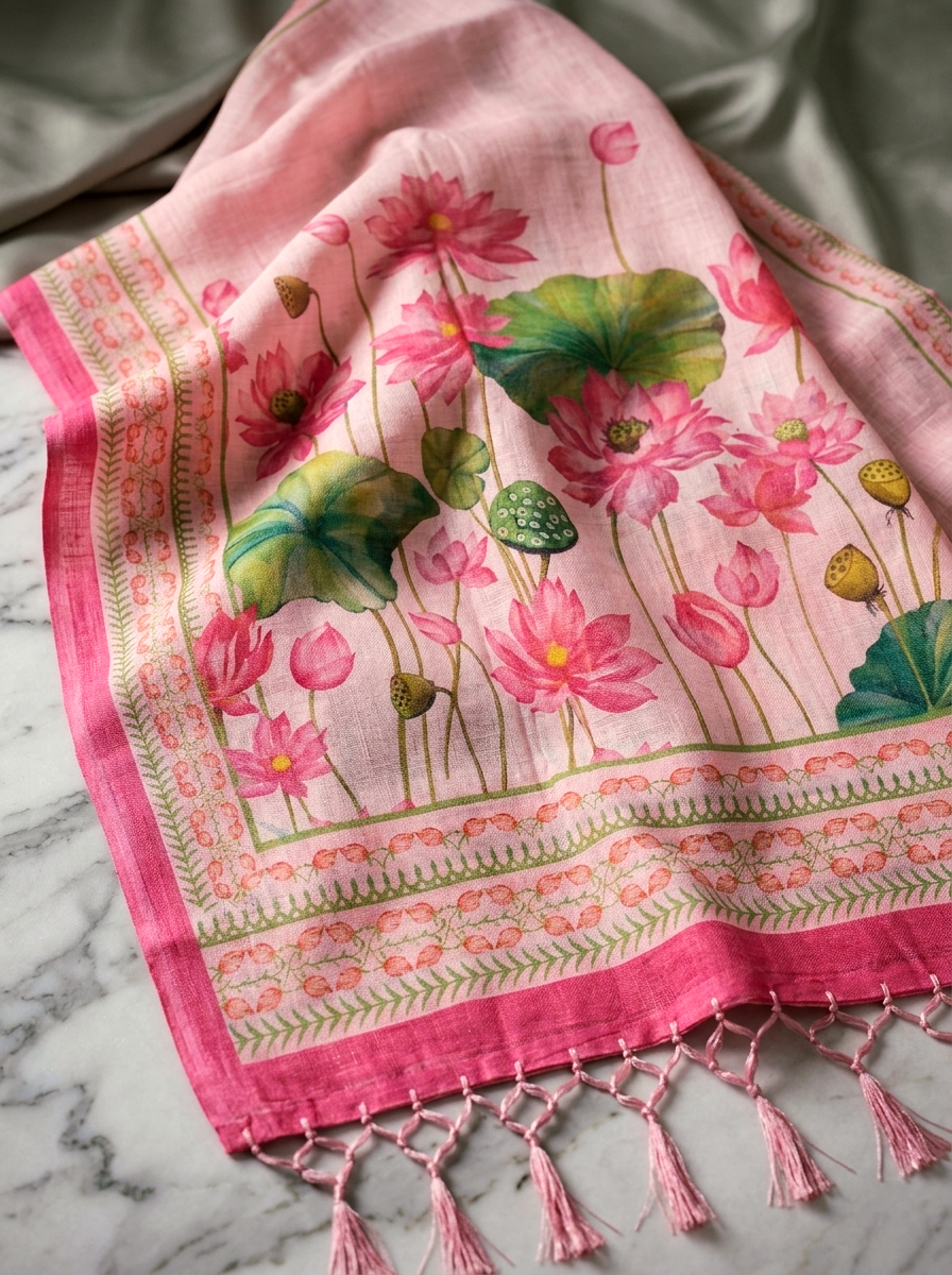 Saytha Soft Pink Lotus Print Linen Saree with Tassel Border - Image 3