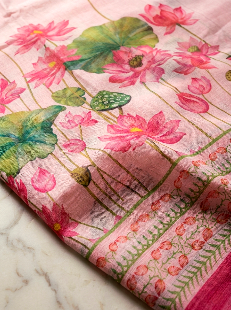 Saytha Soft Pink Lotus Print Linen Saree with Tassel Border - Image 4