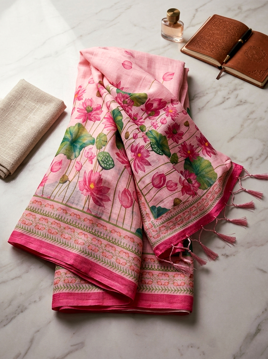 Saytha Soft Pink Lotus Print Linen Saree with Tassel Border - Image 5