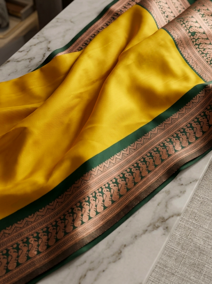 Saytha Mustard Yellow Silk Saree with Elegant Green Border - Image 4