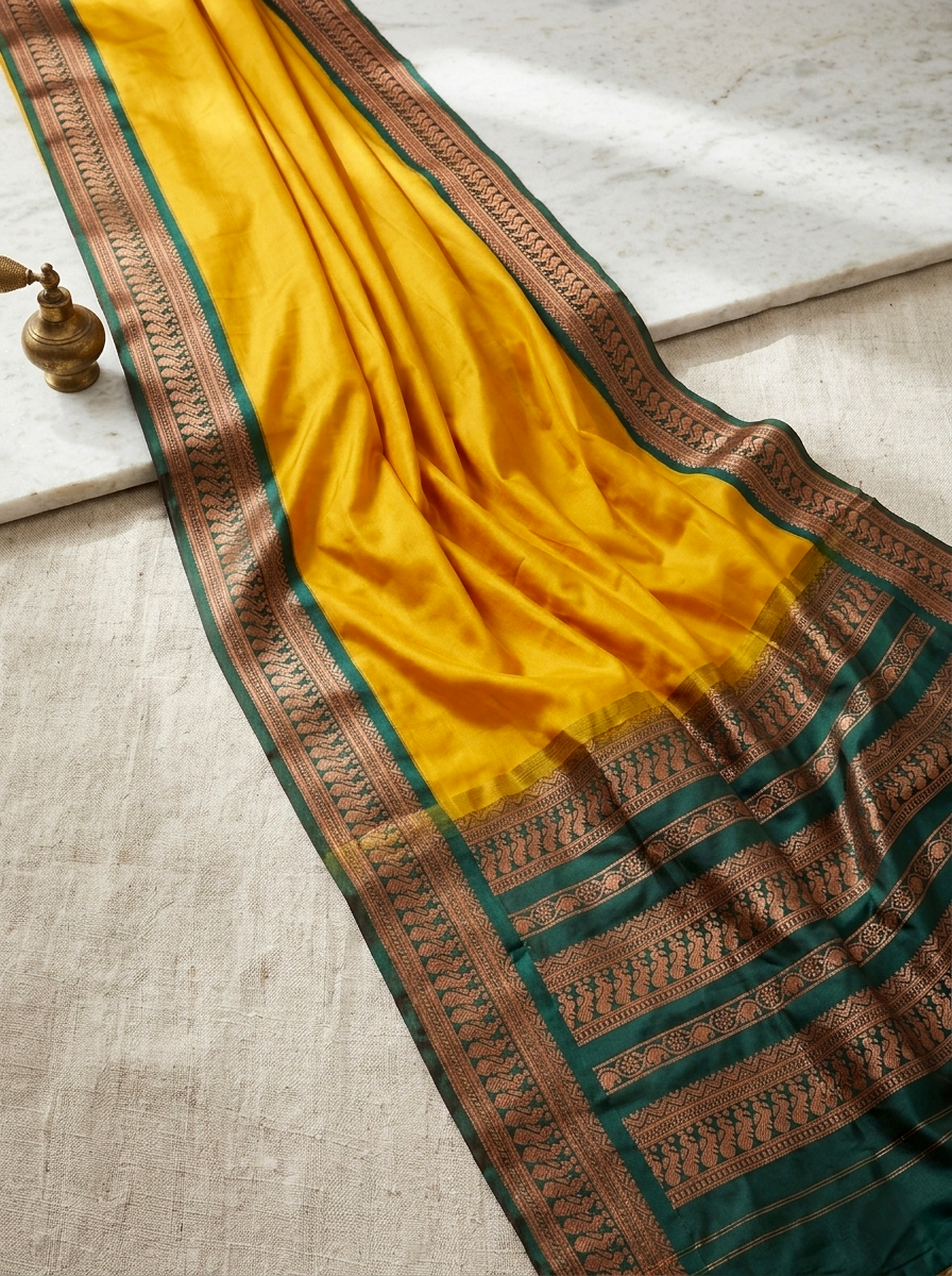 Saytha Mustard Yellow Silk Saree with Elegant Green Border - Image 3