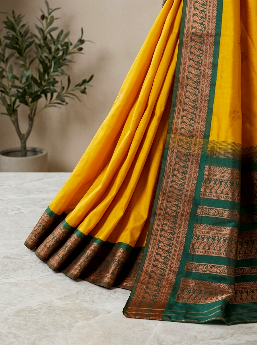 Saytha Mustard Yellow Silk Saree with Elegant Green Border - Image 5