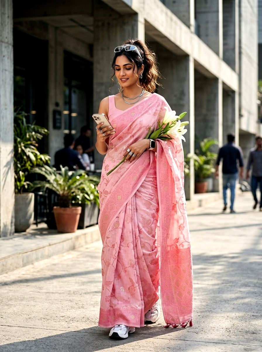 Saytha Elegant Powder Floral Linen Saree with Woven Border - Image 8