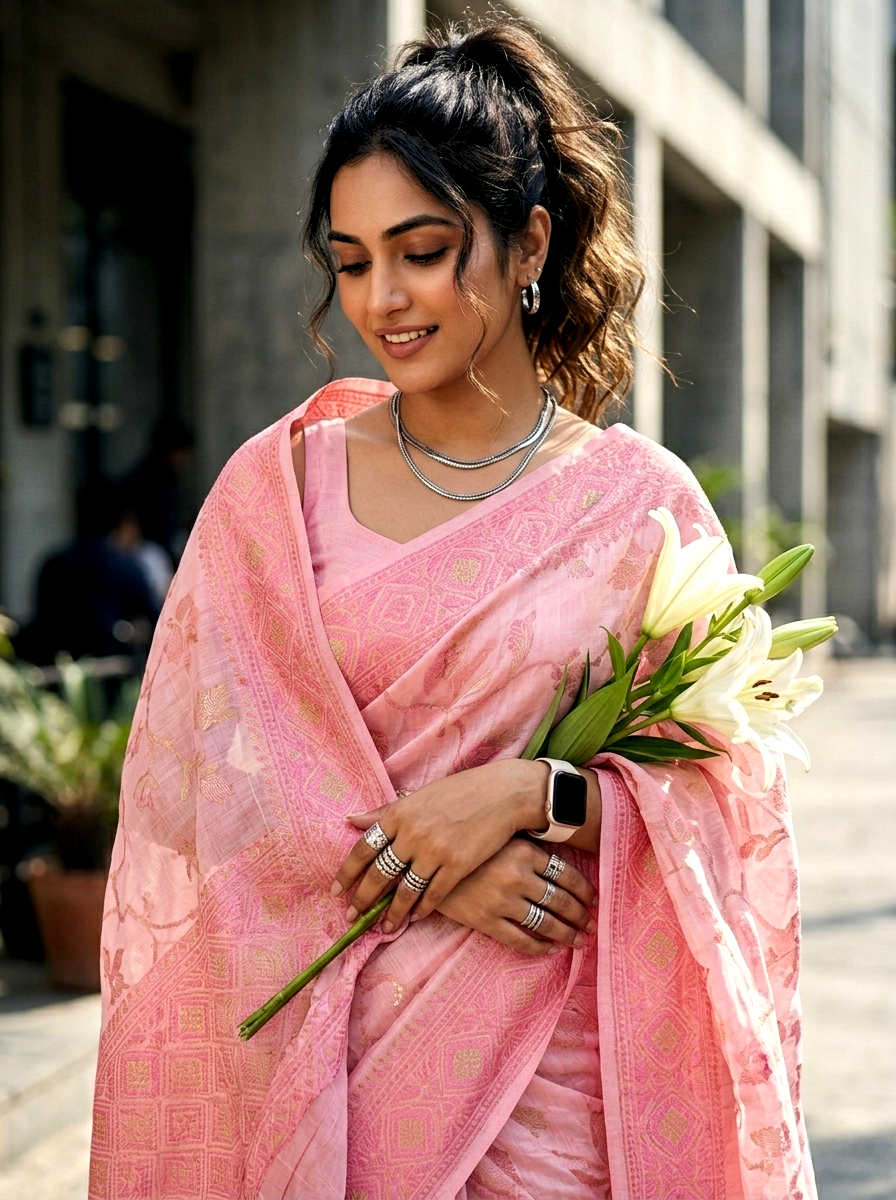 Saytha Elegant Powder Floral Linen Saree with Woven Border - Image 9