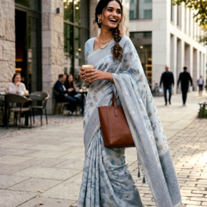 Saytha Elegant Powder Floral Linen Saree with Woven Border