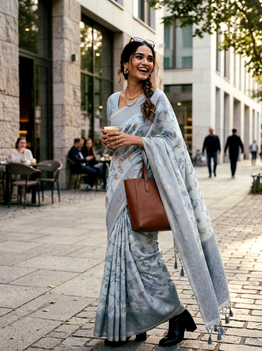 Saytha Elegant Powder Floral Linen Saree with Woven Border
