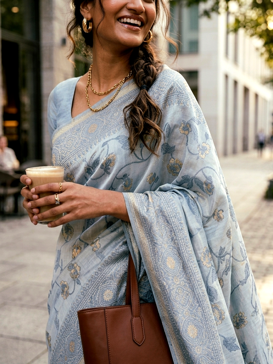 Saytha Elegant Powder Floral Linen Saree with Woven Border - Image 2