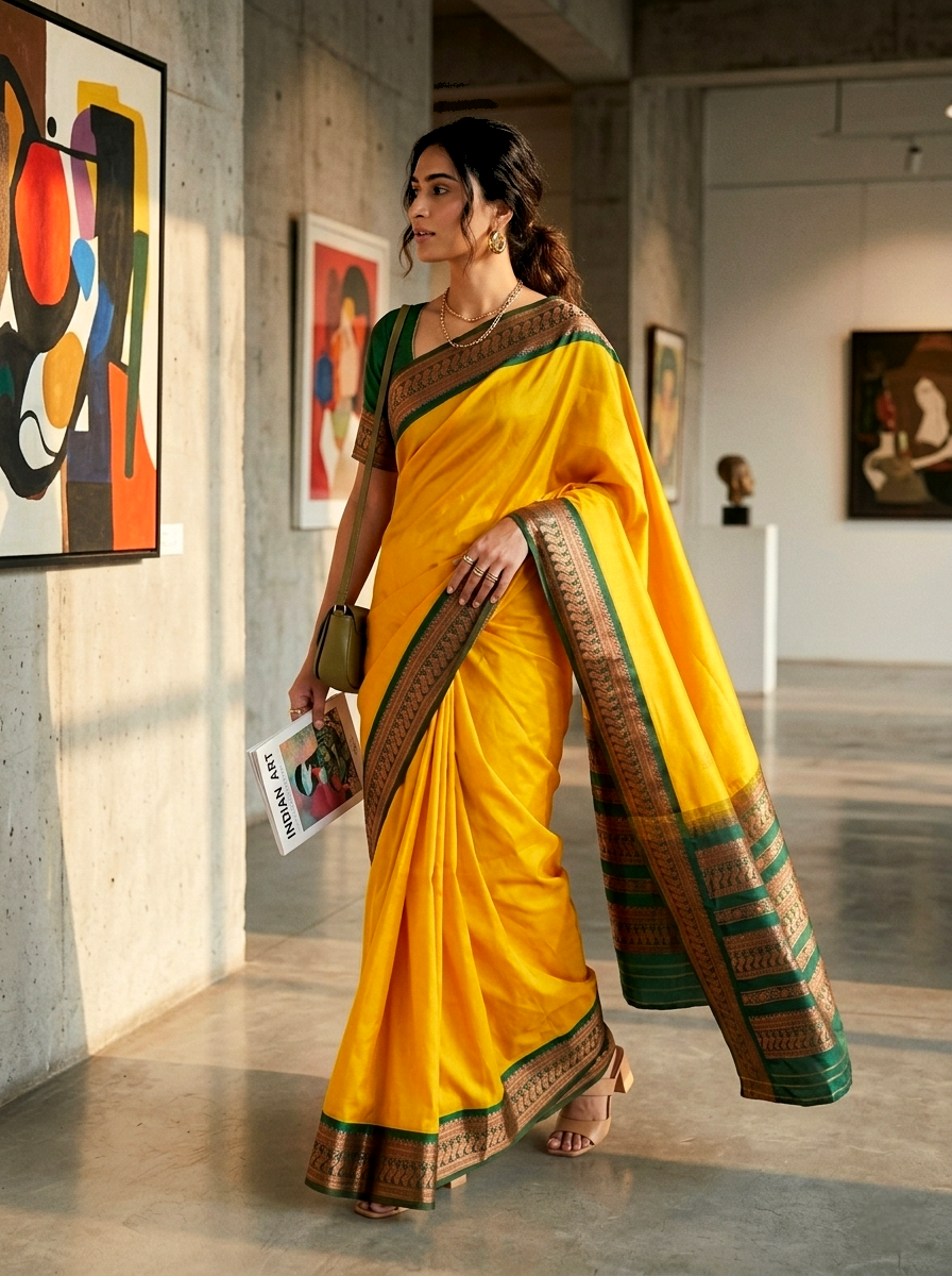 Saytha Mustard Yellow Silk Saree with Elegant Green Border