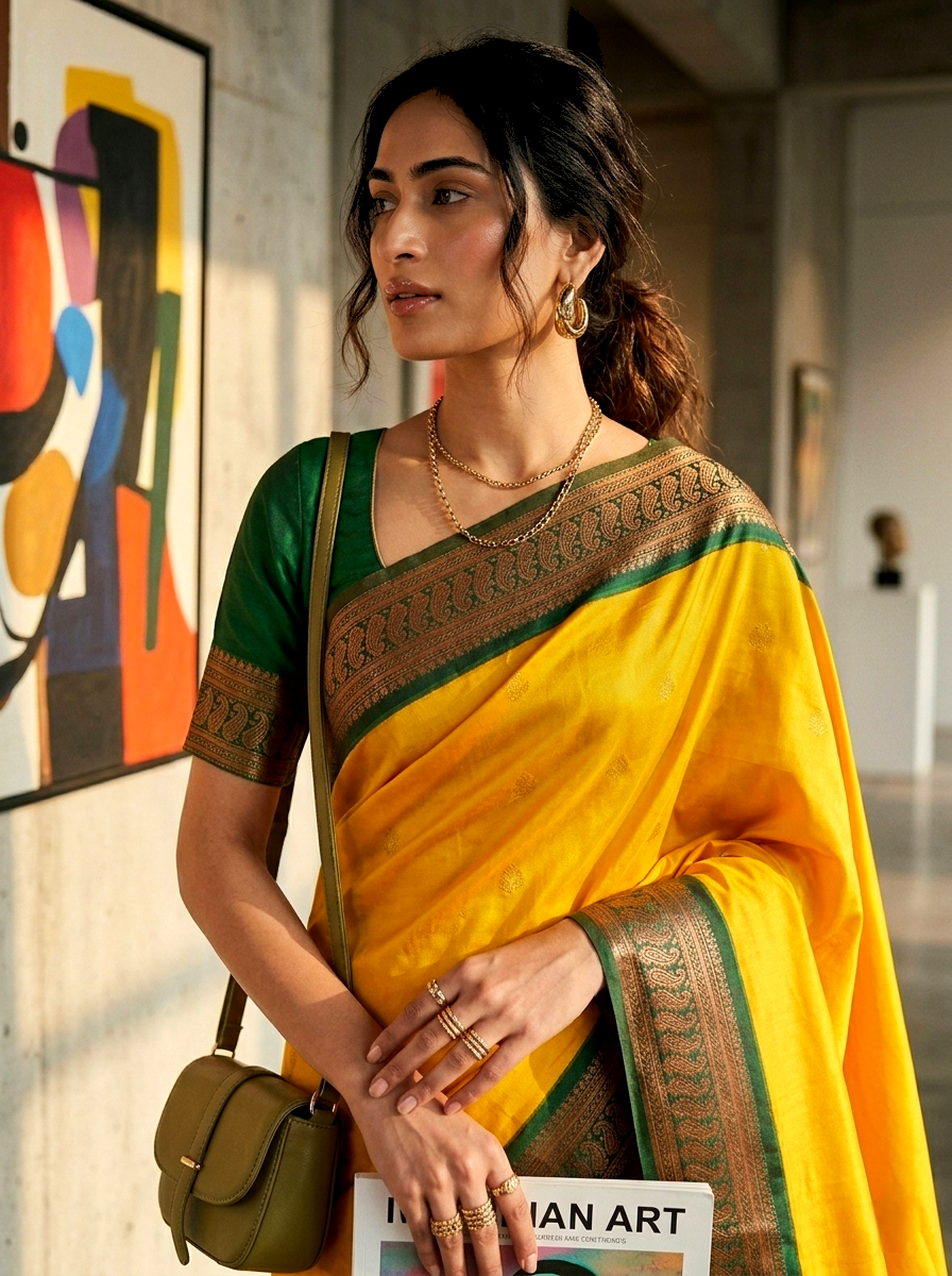 Saytha Mustard Yellow Silk Saree with Elegant Green Border - Image 2