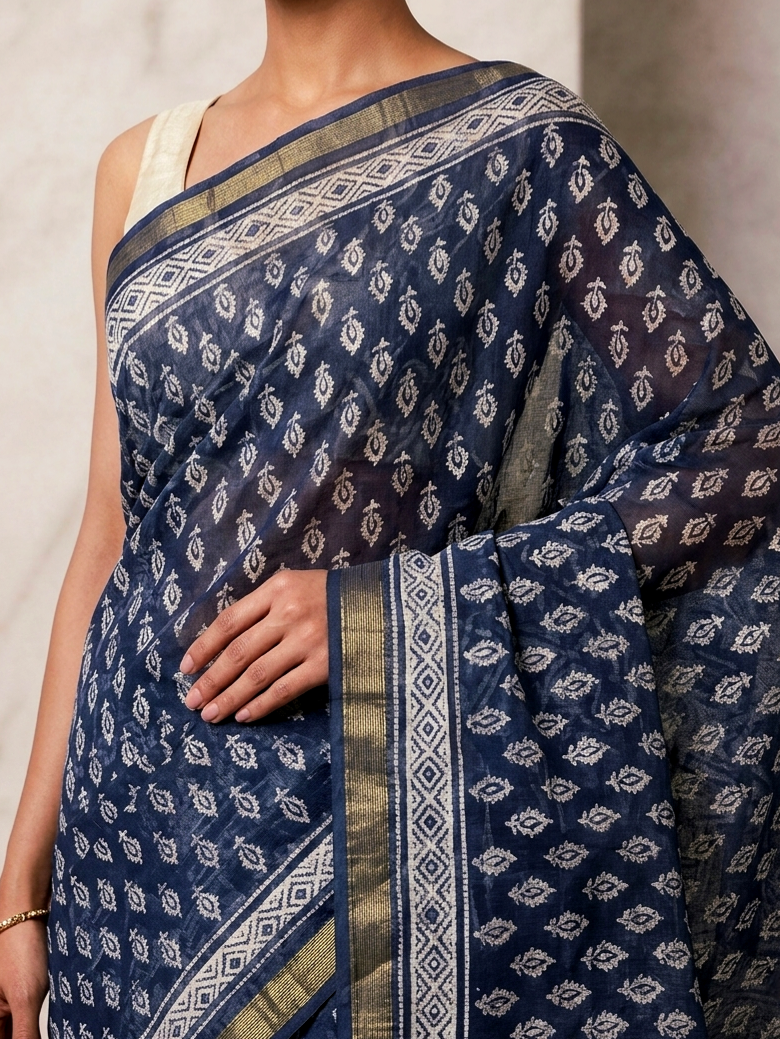 Saytha Effortless Indigo Block Print Saree with Gold Border - Image 3