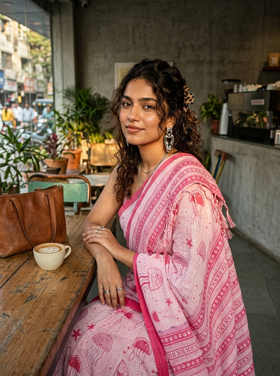 Saytha Jellyfish Bloom Pink Cotton Saree with Floral Elegance - Image 2