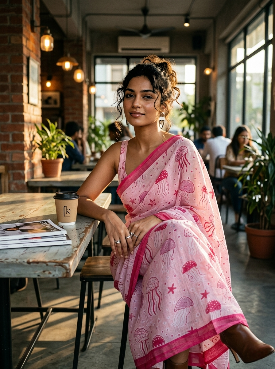 Saytha Jellyfish Bloom Pink Cotton Saree with Floral Elegance - Image 5
