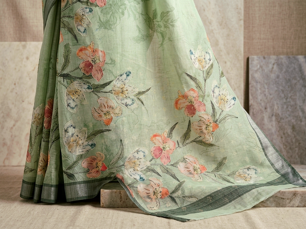 Saytha Green Cotton Thread Embroidery Saree - Image 3