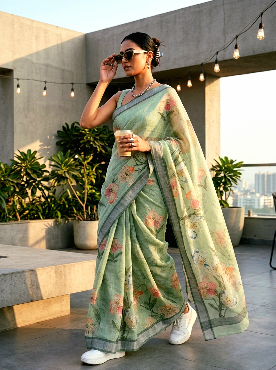 Saytha Green Cotton Thread Embroidery Saree - Image 2
