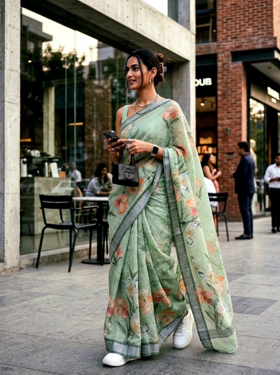 Saytha Green Cotton Thread Embroidery Saree