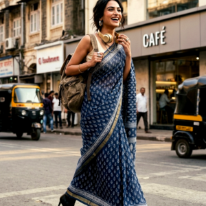 Saytha Elegant Indigo Blue Printed Cotton Saree