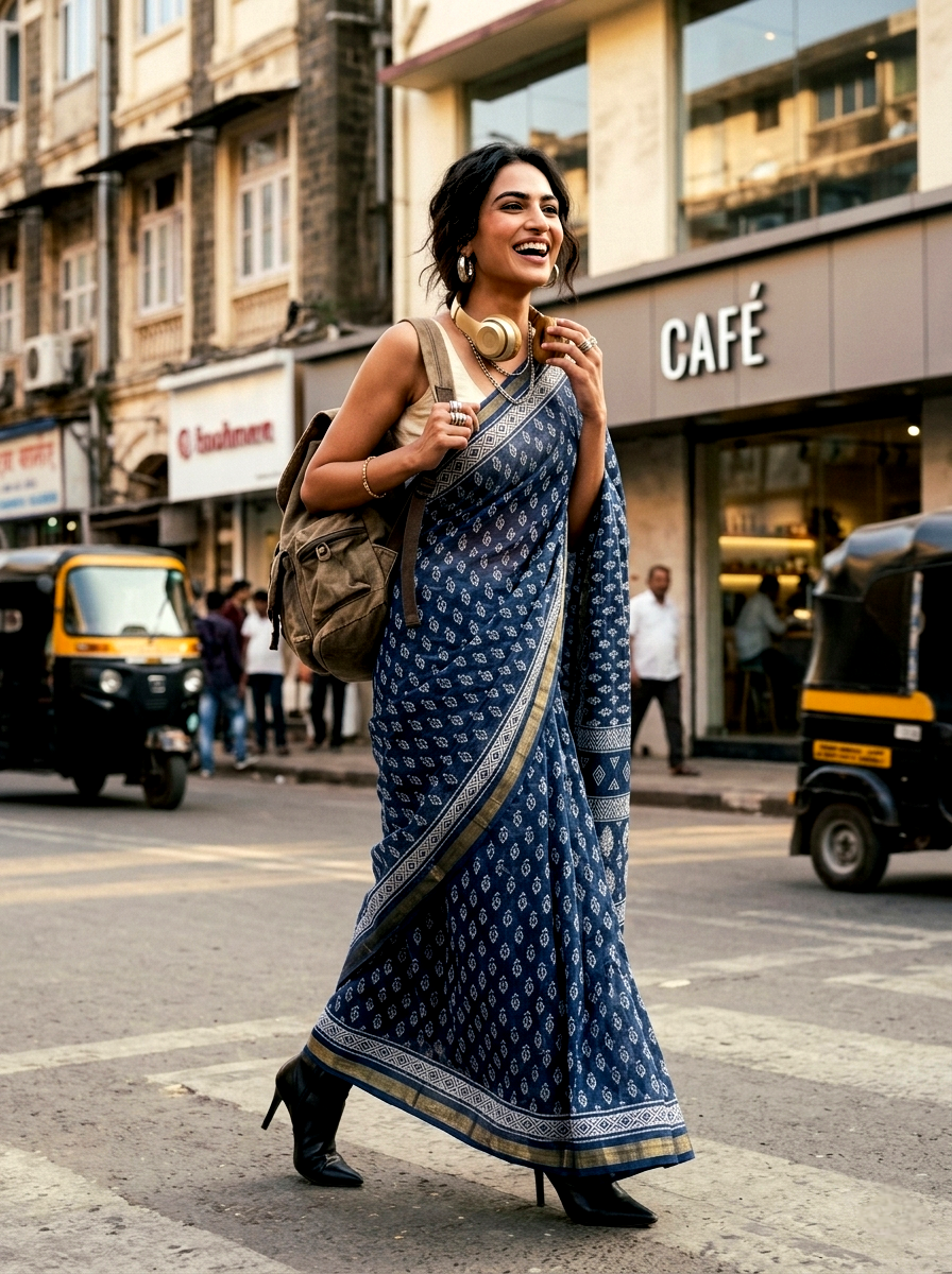 Saytha Elegant Indigo Blue Printed Cotton Saree