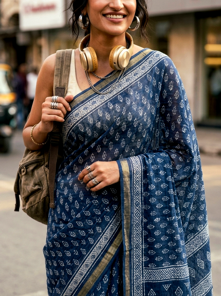 Saytha Elegant Indigo Blue Printed Cotton Saree - Image 4