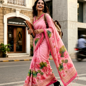Saytha Soft Pink Lotus Print Linen Saree with Tassel Border