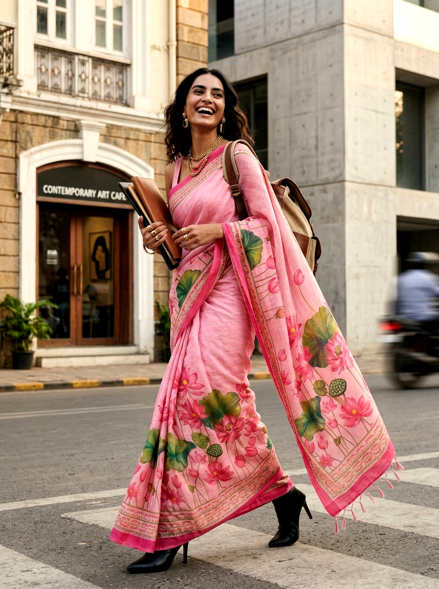 Saytha Soft Pink Lotus Print Linen Saree with Tassel Border