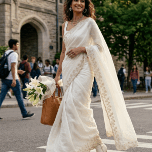 Saytha Stunning White Organza Saree with Jarkan Stone Work