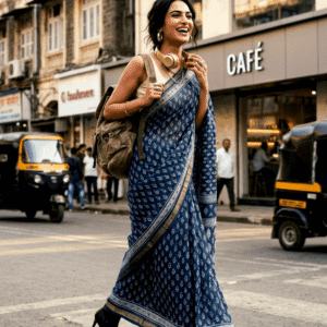 Saytha Effortless Indigo Block Print Saree with Gold Border