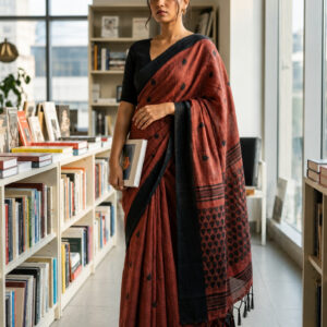 Saytha Rust Red Handloom Cotton Saree with Black Polka Dot Design