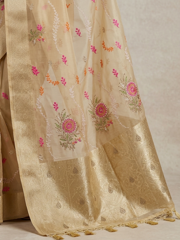Saytha Elegant Yellow Organza Saree with Floral Embroidery - Image 4