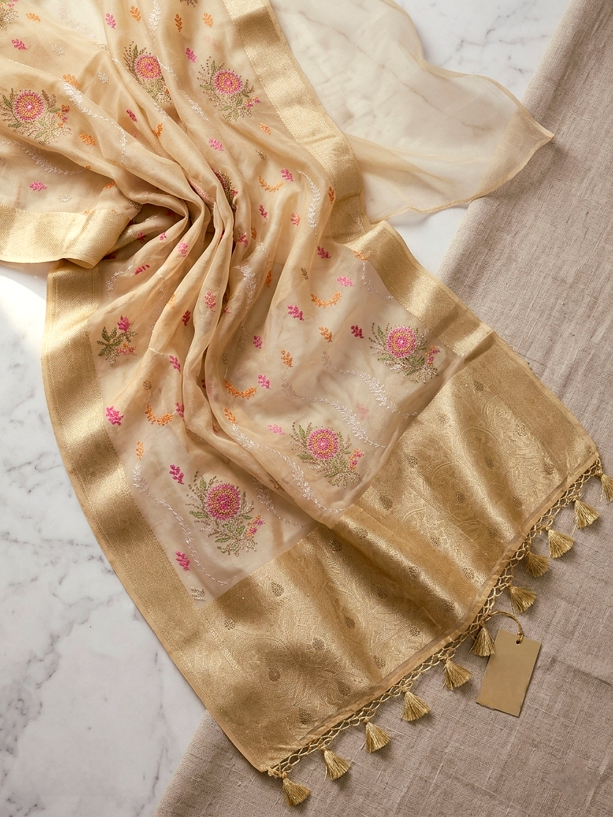 Saytha Elegant Yellow Organza Saree with Floral Embroidery - Image 3