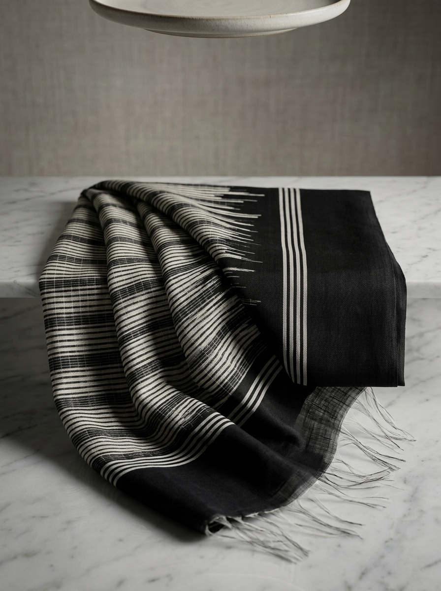Saytha Charcoal Grey Striped Cotton Saree with Tassel Pallu - Image 4