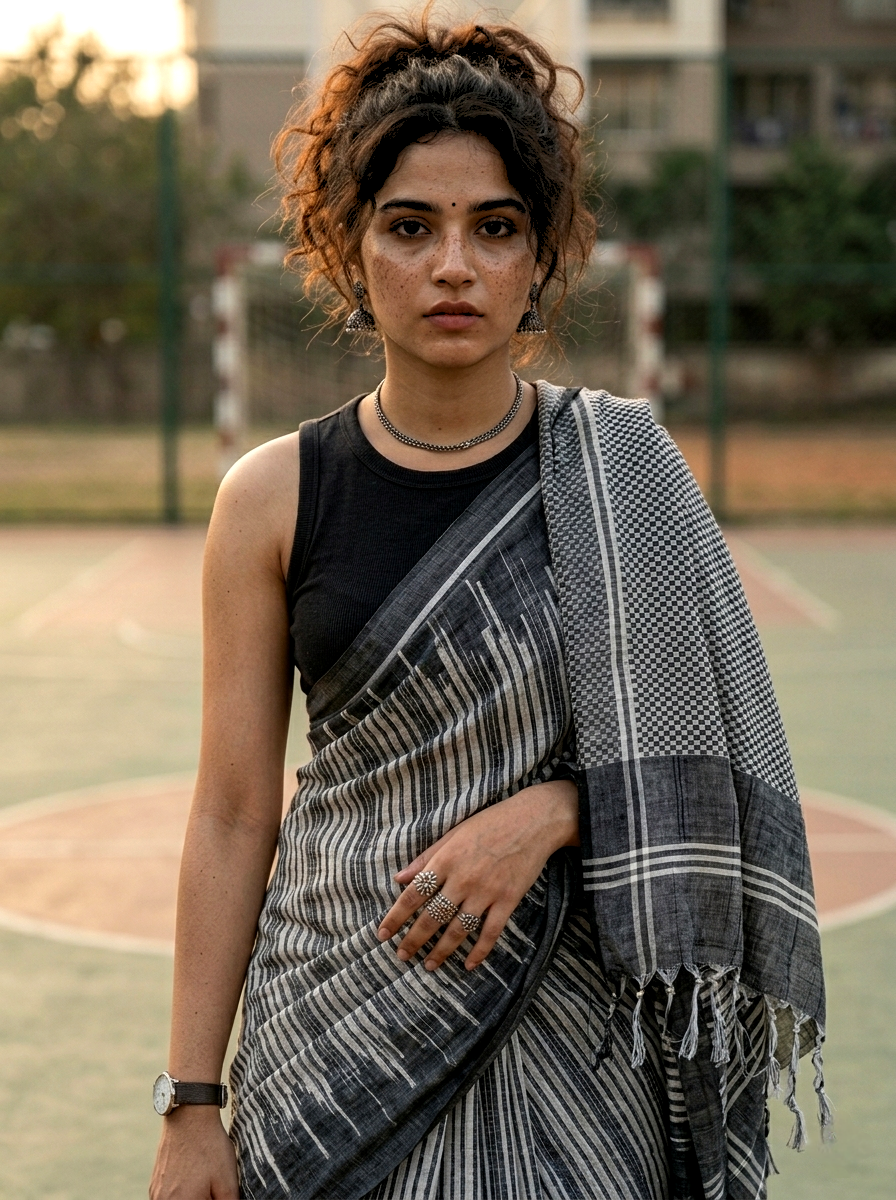 Saytha Charcoal Grey Striped Cotton Saree with Tassel Pallu - Image 3