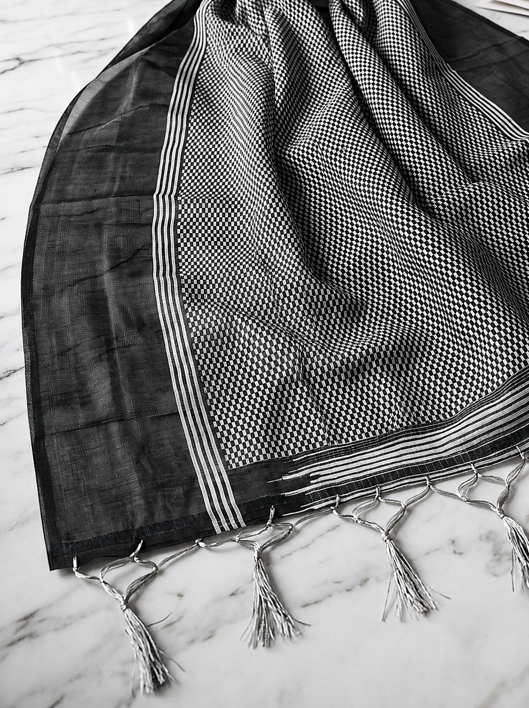 Saytha Charcoal Grey Striped Cotton Saree with Tassel Pallu - Image 2