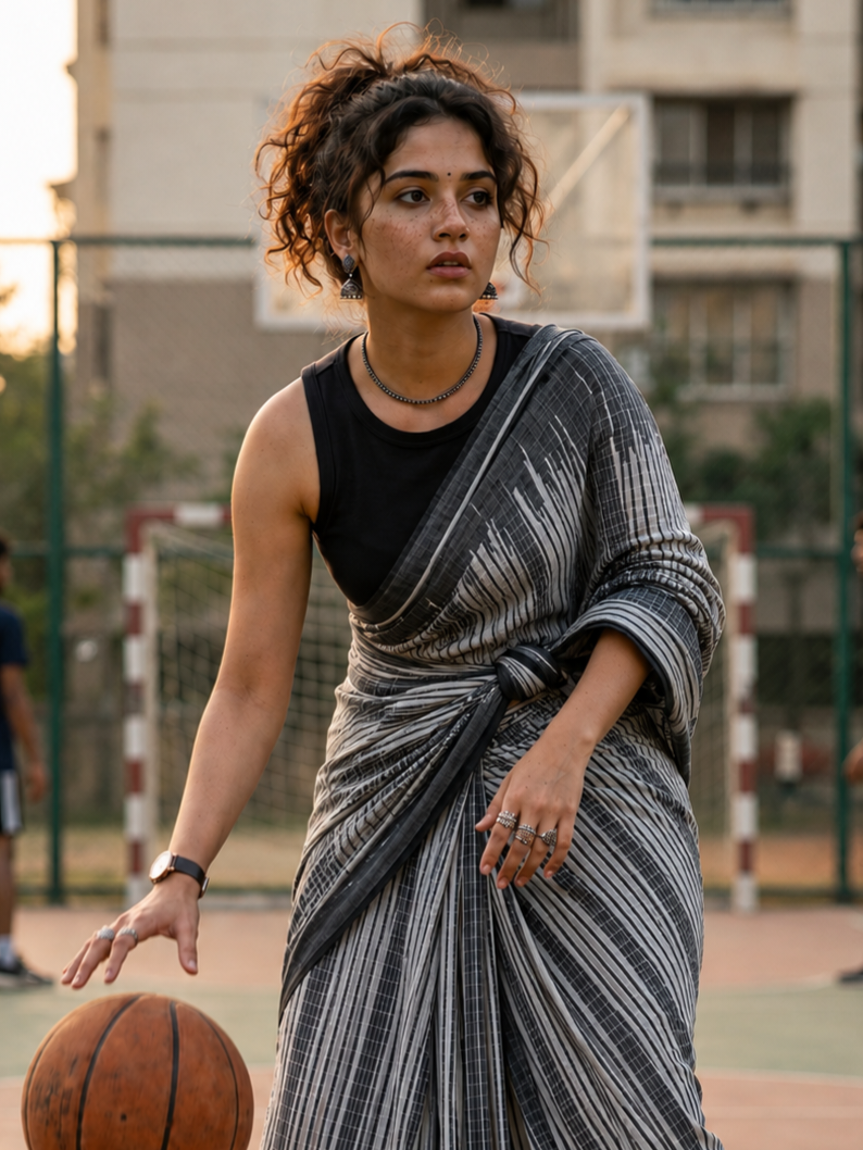 Saytha Charcoal Grey Striped Cotton Saree with Tassel Pallu - Image 6