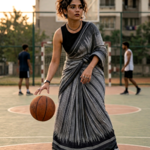 Saytha Charcoal Grey Striped Cotton Saree with Tassel Pallu